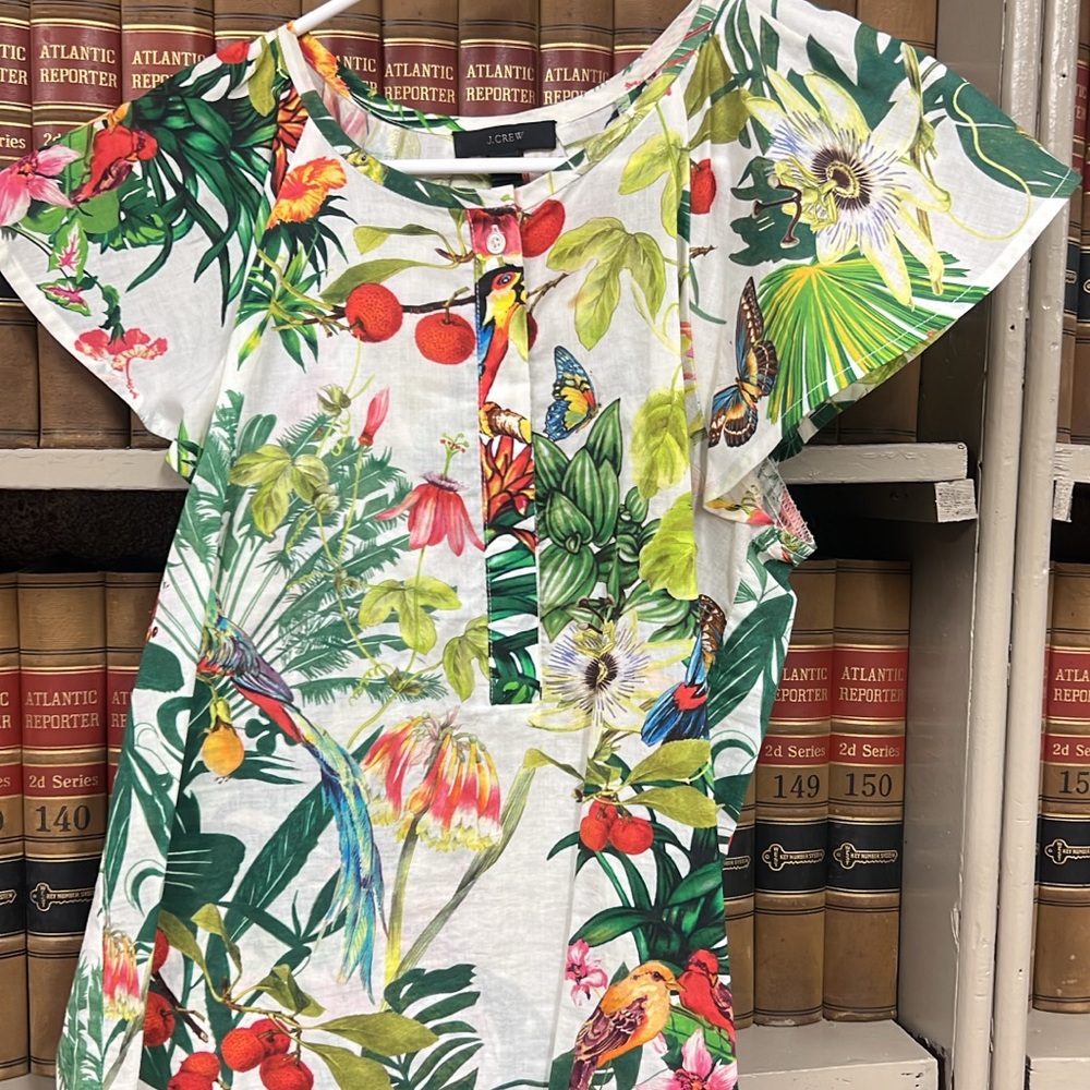 J. Crew White Tropical Floral Flutter-Sleeve Top with Green, Red & Yellow